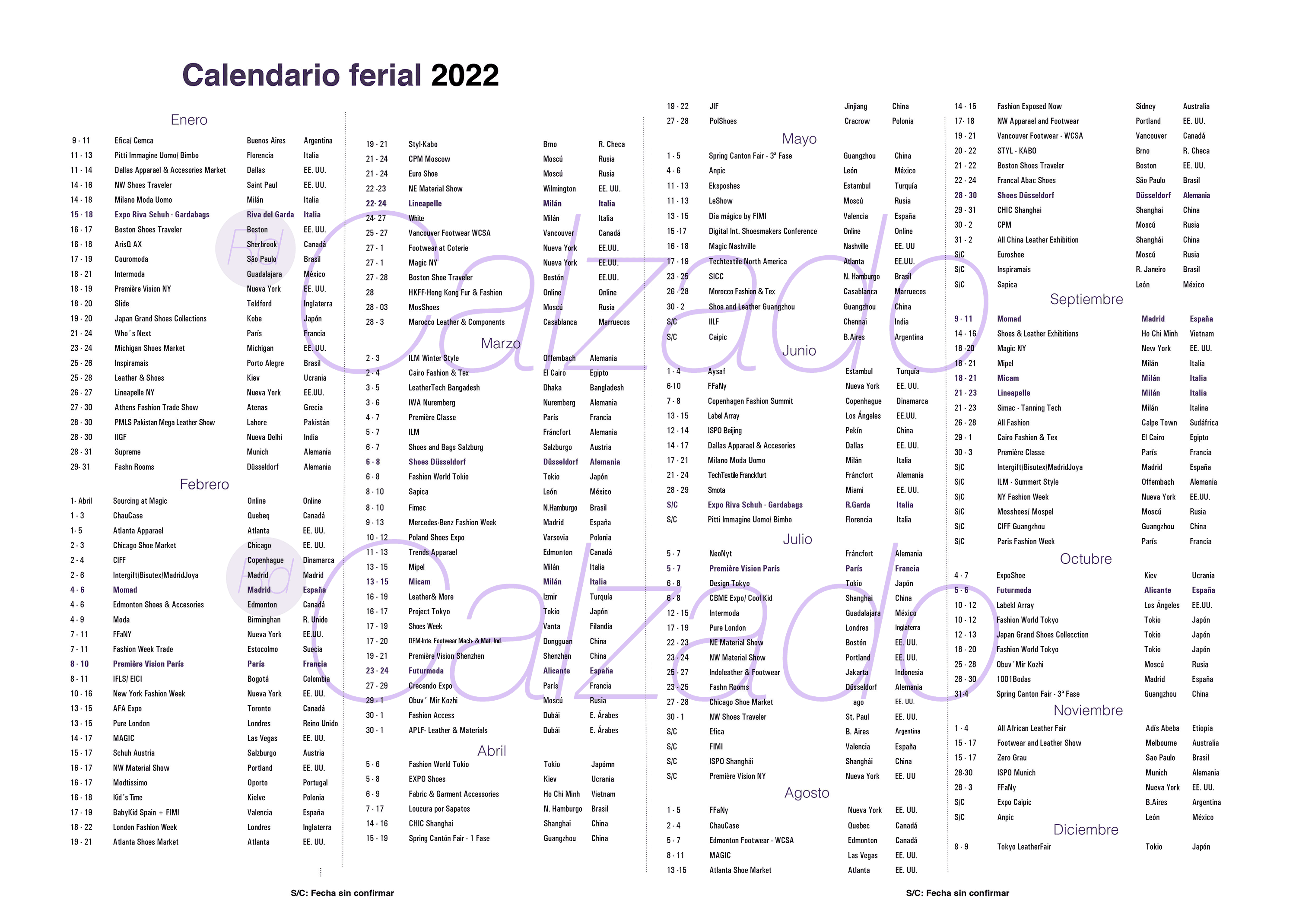 Calendario ferial para la industria de calzado en 202